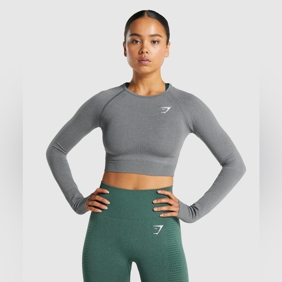 Gymshark | Vital Seamless 2.0 Long Sleeve Crop Top in Smokey Grey Marl Sz Small - Picture 1 of 6